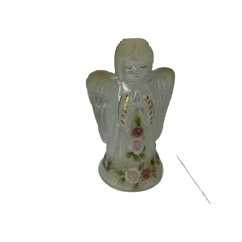FENTON IRIDESCENT Opalescent GLASS HAND PAINTED 6" ANGEL SIGNED w/ pink roses